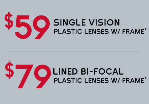 Contact the location nearest you to get this deal Special prices on plastic lenses with eyeglass frame